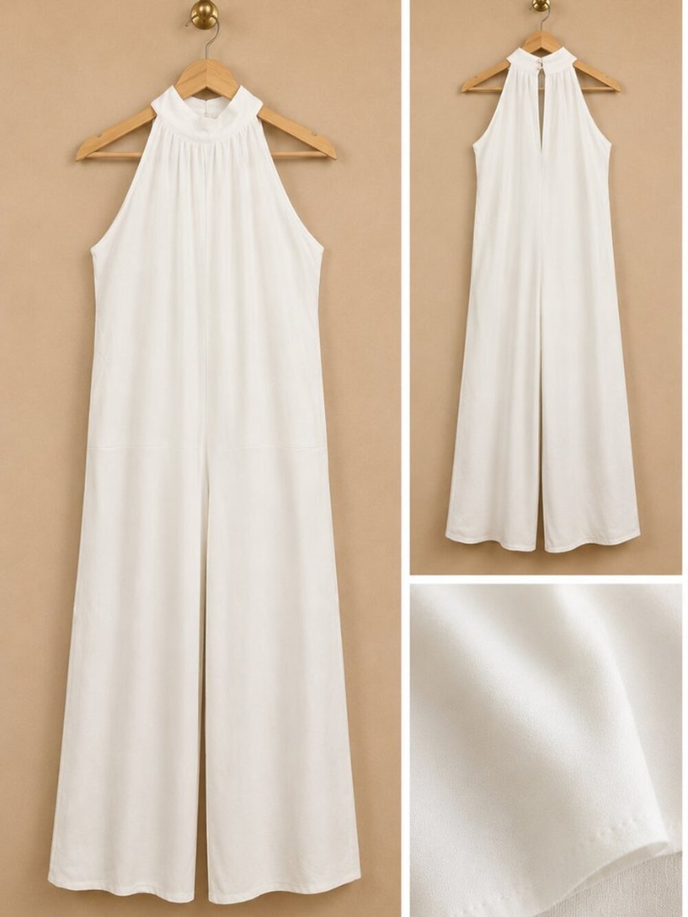 White Halter Wide Leg Jumpsuit NWOT Size Large Mock Neck  Pearl Button Back